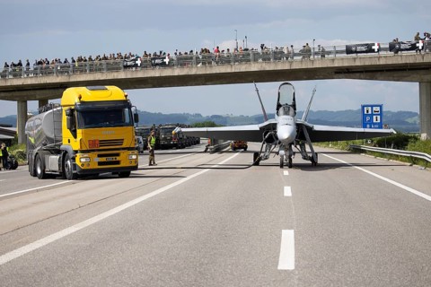 Swiss Air Force F/A 18 fighter aircraft take off and land on the A1 motorway during the Alpha Uno