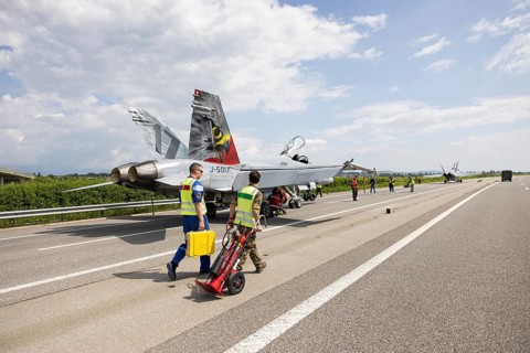 Swiss Air Force F/A 18 fighter aircraft take off and land on the A1 motorway during the Alpha Uno