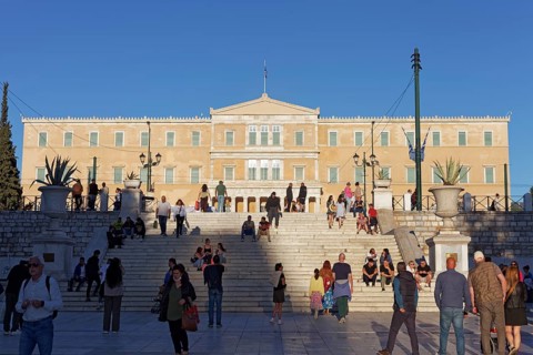 Parliament building in the evening light, Syntagma Square, Athens, Greece, Europe