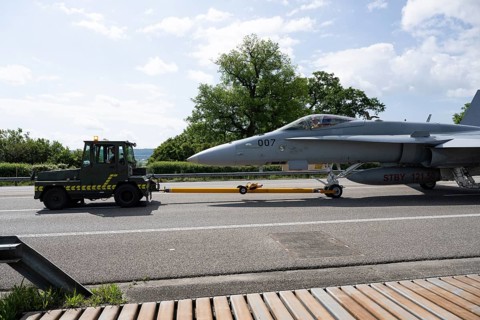 Swiss Air Force F/A 18 fighter aircraft take off and land on the A1 motorway during the Alpha Uno