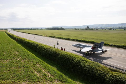 Swiss Air Force F/A 18 fighter aircraft take off and land on the A1 motorway during the Alpha Uno