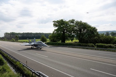 Swiss Air Force F/A 18 fighter aircraft take off and land on the A1 motorway during the Alpha Uno