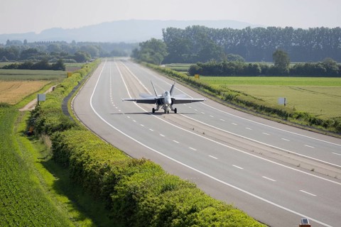 Swiss Air Force F/A 18 fighter aircraft take off and land on the A1 motorway during the Alpha Uno