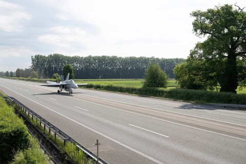 Swiss Air Force F/A 18 fighter aircraft take off and land on the A1 motorway during the Alpha Uno