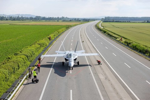 Swiss Air Force F/A 18 fighter aircraft take off and land on the A1 motorway during the Alpha Uno