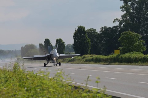 Swiss Air Force F/A 18 fighter aircraft take off and land on the A1 motorway during the Alpha Uno