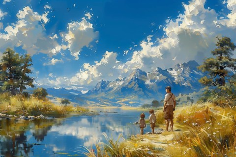 Illustration in the style of an oil painting. A man and two children are walking along the shore of