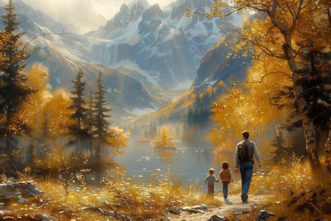 Illustration in the style of an oil painting. A man and two children are walking along the shore of