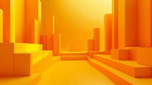 Warm abstract scene featuring glowing yellow and orange geometric shapes in a futuristic setting,
