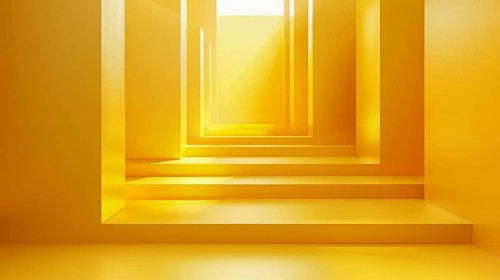 Abstract yellow staircase-like structure with geometric shapes and warm lighting, AI generated