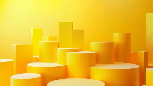 Vibrant abstract composition with layered yellow cylinders and geometric shapes, AI generated