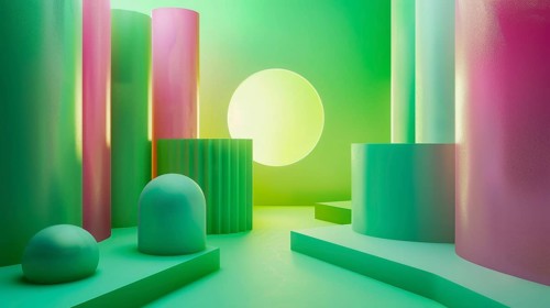 Futuristic abstract scene with glowing green and pink geometric shapes, soft atmospheric lighting,