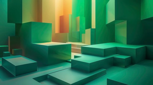Abstract green landscape with square and rectangular geometric shapes and gradient colors, AI