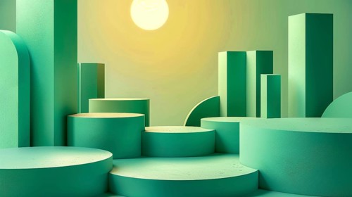 Minimalist geometric landscape with green cylindrical shapes and sunset-like lighting, AI generated