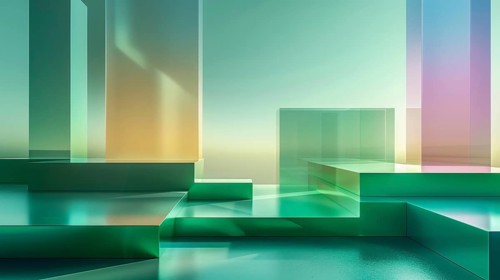 Abstract geometric landscape with glass-like structures and gradient colors creating a futuristic