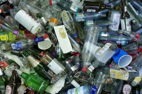 Waste glass, glass waste in a waste paper basket, Germany, Europe
