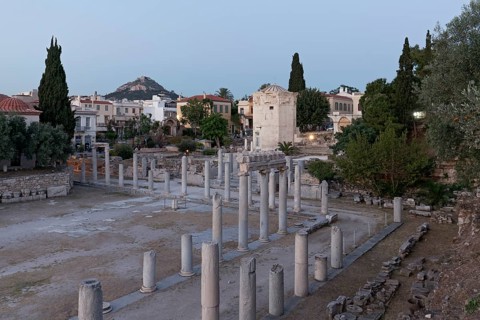 Roman Agora with Tower of the Winds, twilight, Plaka neighbourhood, Athens, Greece, Europe