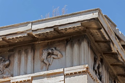 Triglyph frieze with fighting figures, detail from the Temple of Hephaestus, Theseion, Agora,