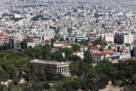 Temple of Hephaestus, god of blacksmithing, Theseion, view from the Areopagus, Athens, Greece,