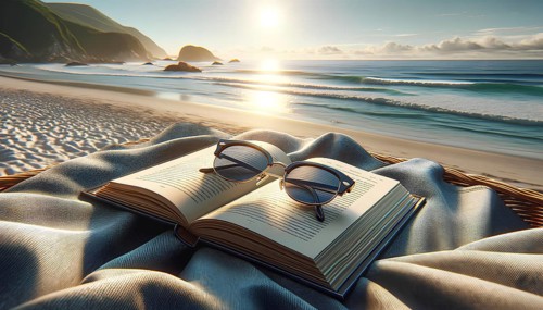 A book and a pair of sunglasses are on a blanket on a beach. Concept of relaxation and leisure, as