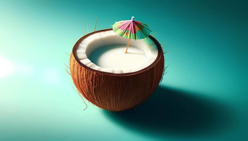 A coconut with a straw umbrella on top of it. The coconut is sitting on a blue background, AI