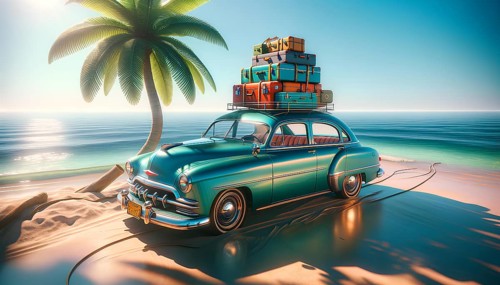 A blue car is parked on a beach with luggage on top of it. The car is a vintage model and the