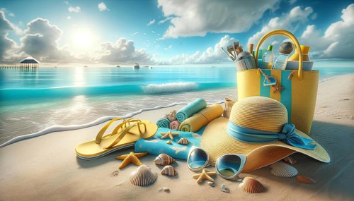 A beach scene with a yellow bag, a hat, and a pair of flip flops. The bag is filled with beach