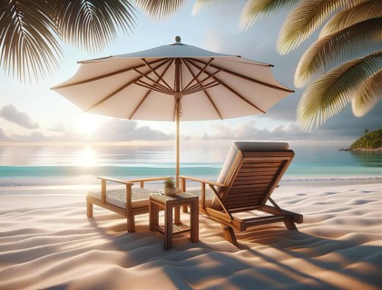 A beach scene with a white umbrella and a lounge chair. Scene is relaxing and peaceful, AI