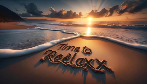 A beach scene with the words Time to Relax written in the sand. Concept of tranquility and leisure,