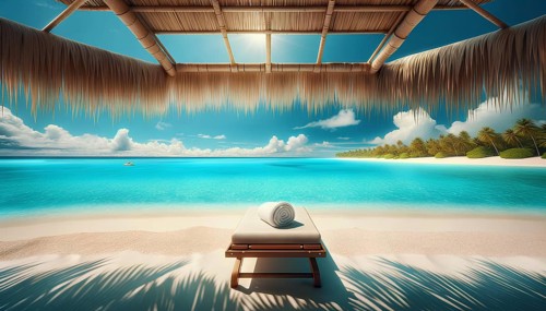 A beach scene with a white towel on a lounge chair. The beach is calm and peaceful, with the ocean