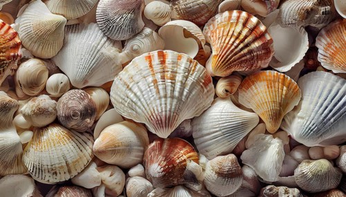 A collection of seashells of various sizes and colors. The shells are scattered across the image,