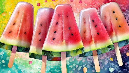 A colorful painting of a bunch of watermelon popsicles. The popsicles are hanging on a line, and
