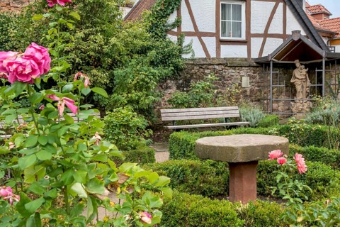 Rose garden at the Alte Kellerei, baroque garden, Sankt Martin, German or Southern Wine Route,