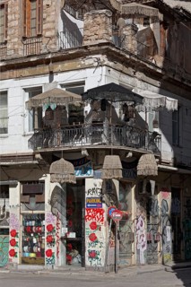 Picturesque handicraft shop for lampshades and parasols made of rope, Psirri neighbourhood, Athens,