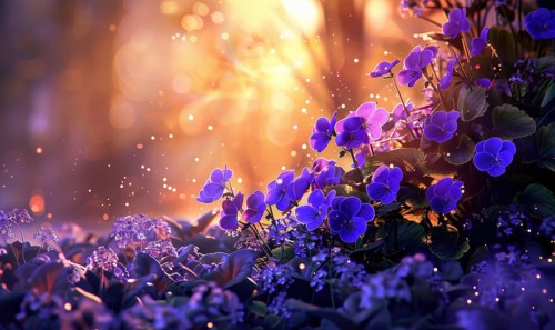 Violets closeup portrait with bokeh light, soft focus AI generated