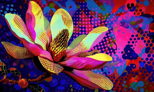 Magnolias in Pop Art style, bright colors, dotted patterns, high contrast, AI generated