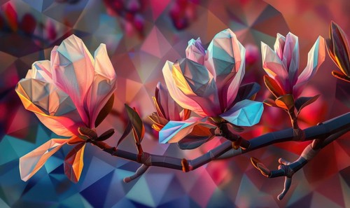 Magnolias in low poly, geometric shapes, AI generated