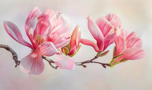 Magnolias in colored pencils, soft gradients, vibrant hues AI generated
