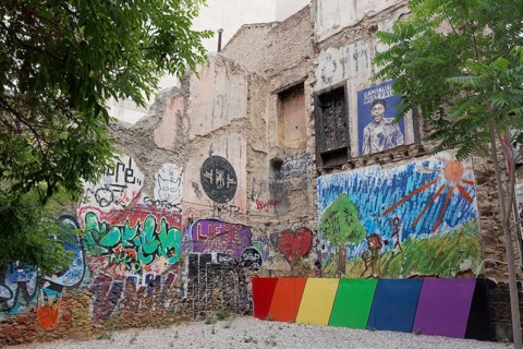 Children's playground between demolished houses in Exarchia, neighbourhood of students and