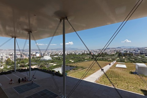 Viewing terrace with floating flat roof, view of landscape park and Athens, cultural centre of the