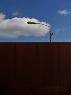 Detail of the Berlin Wall Memorial with steel wall and border strip lighting on Bernauer Strasse,