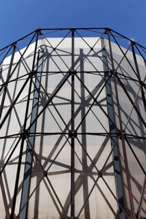 Former gas holder 1, steel skeleton graphic, industrial monument Athens gasworks from 1857, today