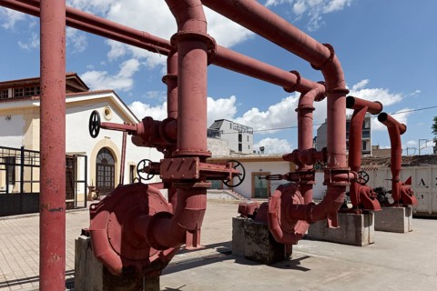 Tubes with gas meter, industrial monument Athens Gasworks from 1875, today venue Technopolis City