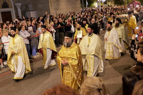 Greek Orthodox Good Friday procession, presbyters in liturgical vestments, Cathedral of the