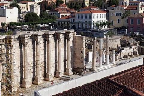 Ruins of Hadrian's Library, west wall with Corinthian columns, Plaka historic centre, Athens,