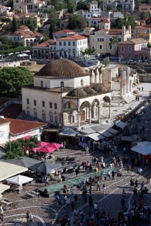 View of Monastiraki Square, Ottoman mosque from 1759, Plaka historic centre, Athens, Greece, Europe