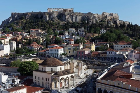 View of Monastiraki Square and Acropolis, Ottoman mosque from 1759, Plaka historic centre, Athens,