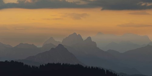 Mountain panorama from Grünten, 1783m, to the Tannheim mountains, Allgäu Alps, Tyrol, Austria,