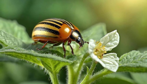 Symbol, Colorado potato beetle on a potato plant, close-up, Leptinotarsa decemlineata, AI