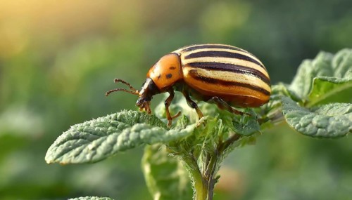 Symbol, Colorado potato beetle on a potato plant, close-up, Leptinotarsa decemlineata, AI